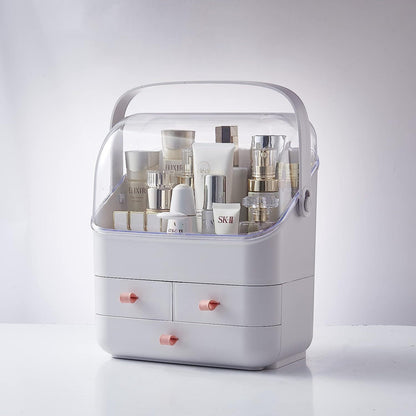 Makeup organizer from above — full interior compartment view on bathroom counter