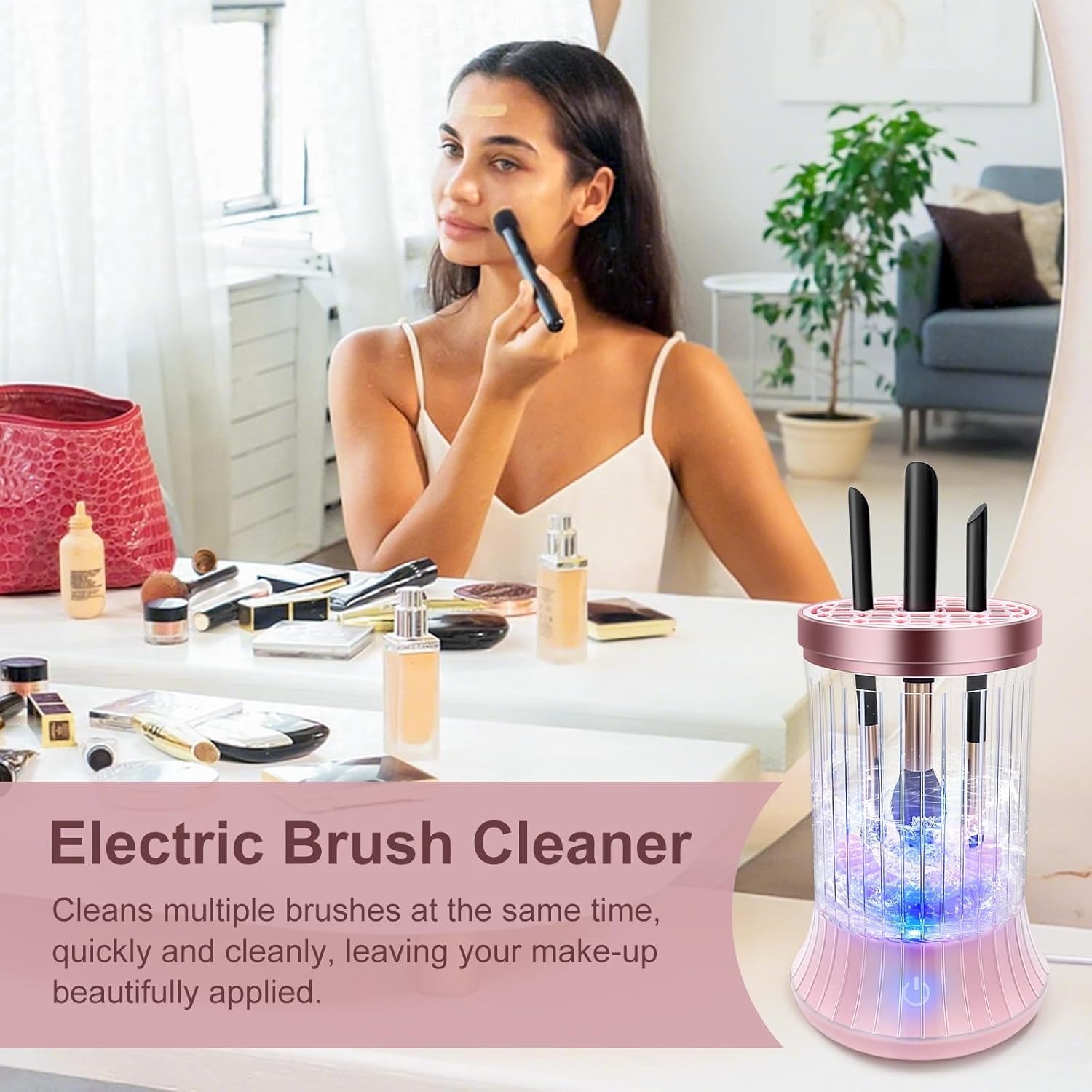 Makeup Brush Cleaner, Electric Makeup Brush Washer Machine with Touch Screen Wash and Dry in One No Damage the Bristles for All Size Brushes and Sponges, Gift for Women Wife, Pink