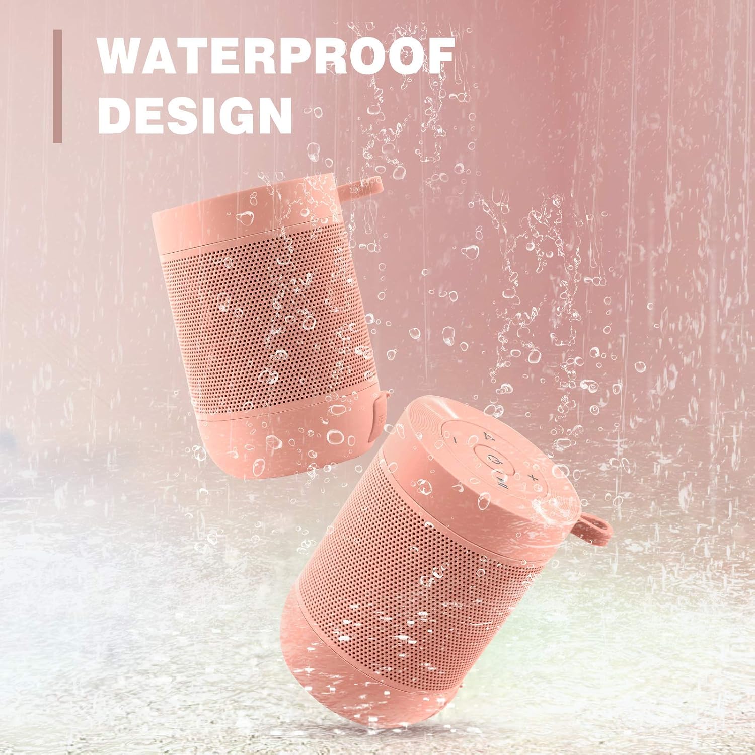 Pink shower speaker mounted in bathroom — IPX5 waterproof for shower or bath use