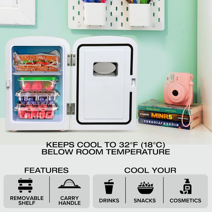 Mini skincare fridge from side — compact profile fits on vanity or nightstand