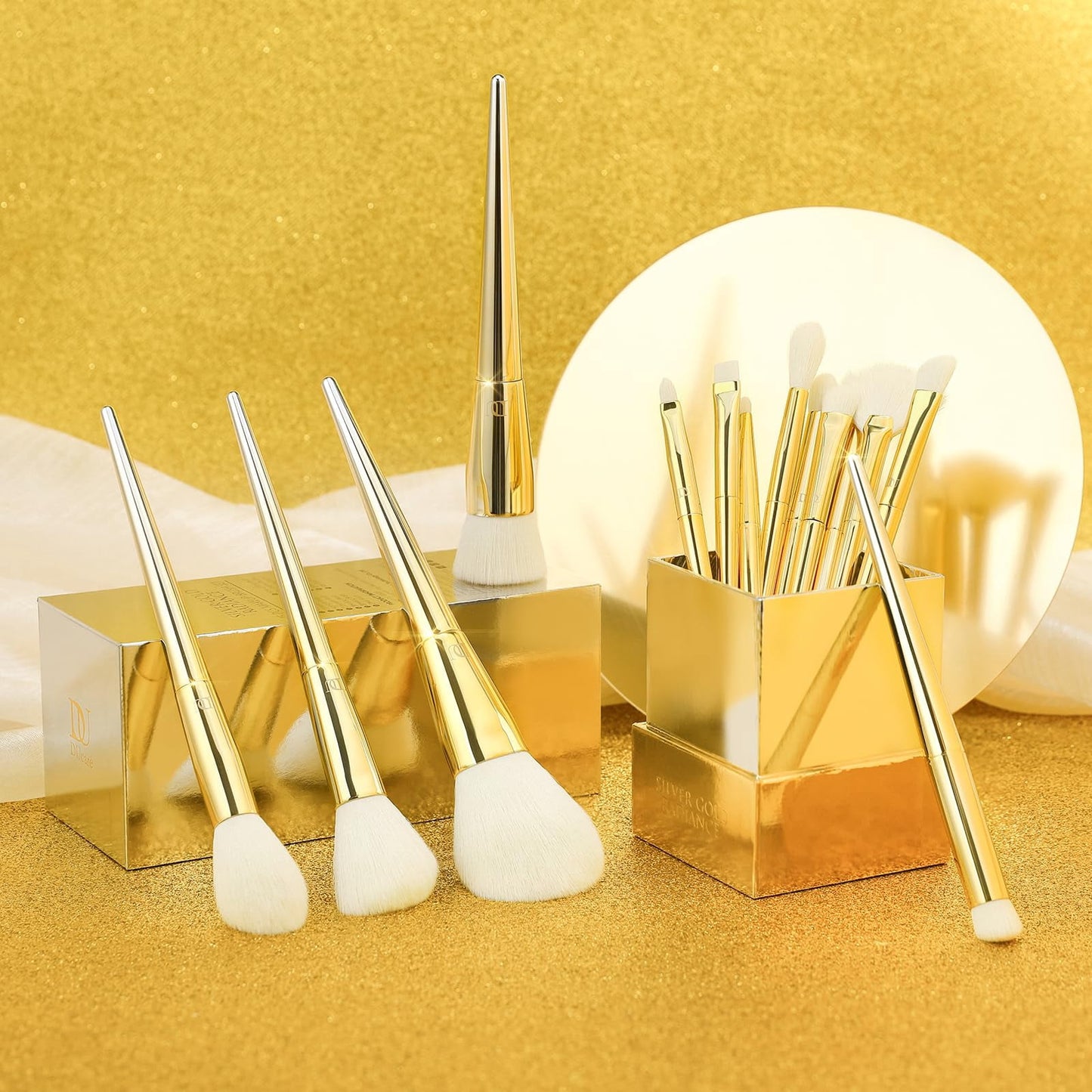 Powder and contour brushes from gold set — ultra-soft bristle tips close-up