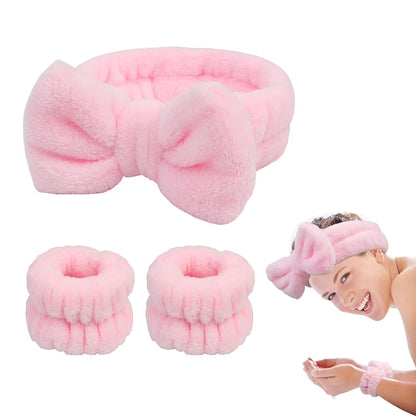Miraveila Spa Headband and Wrist Band Set — soft bow skincare accessories 3-piece