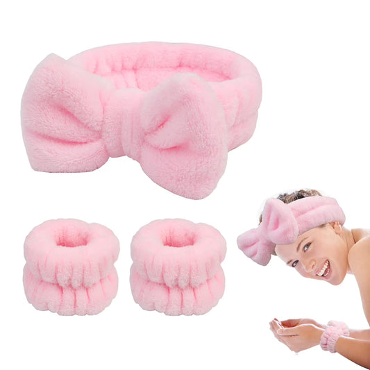 Miraveila Spa Headband and Wrist Band Set — soft bow skincare accessories 3-piece