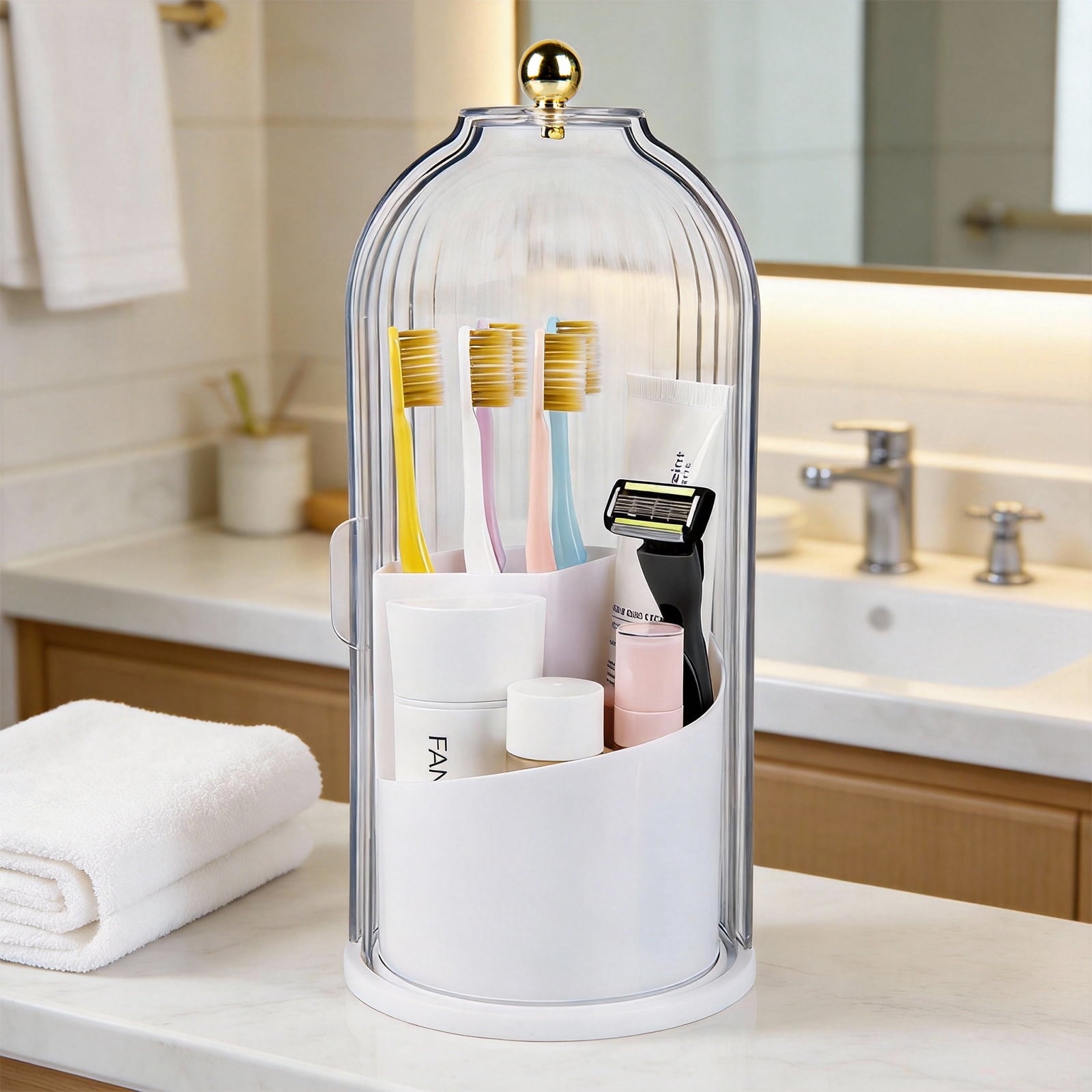 Toothbrush Holders with Sliding Lid, Rotating 3 Slots Bathroom Organizer Countertop, Tooth Brush Toothpaste Holder Bathroom Counter Stand Sink Organizer Caddy for Vanity Makeup Brushes Holder