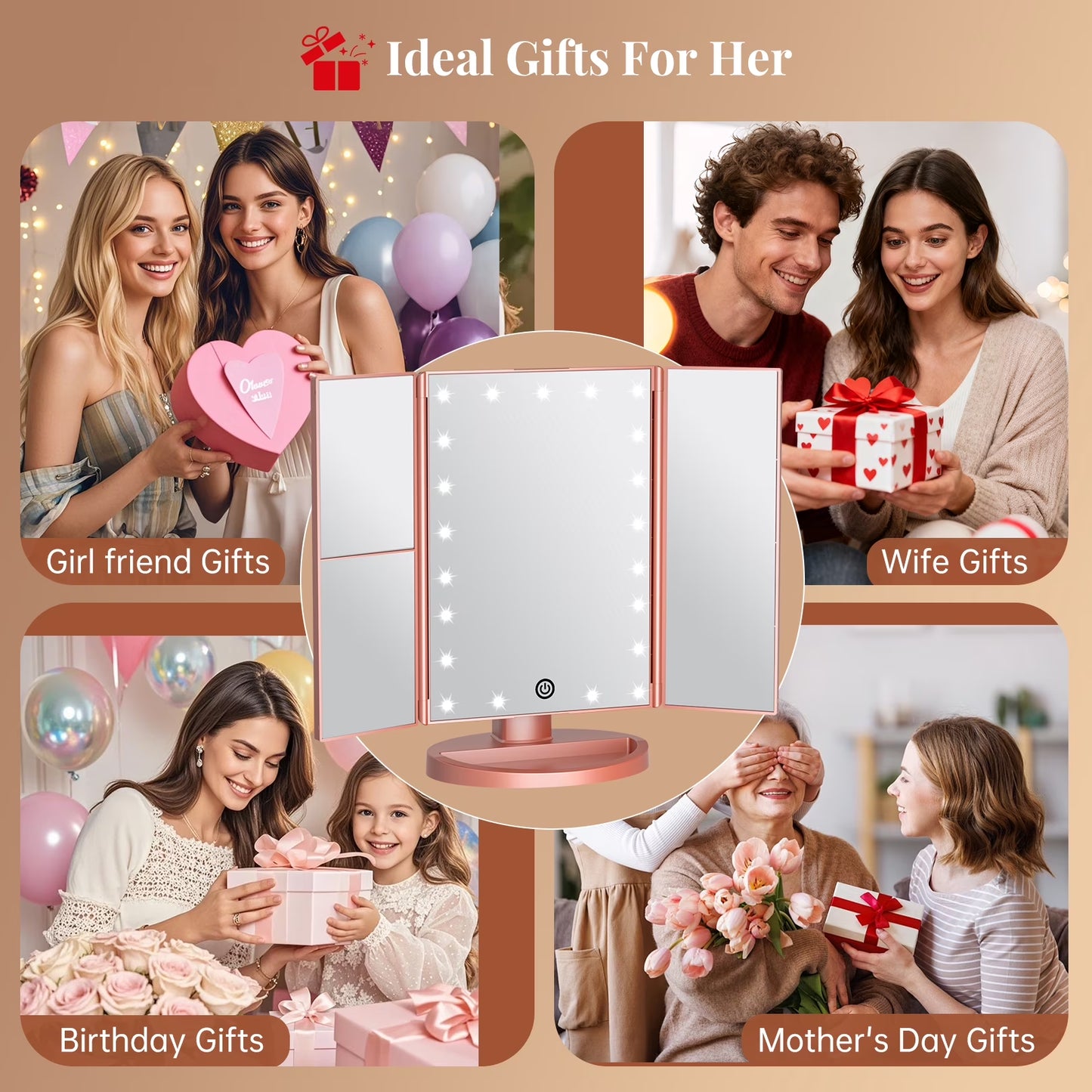 Tri-Fold Makeup Mirror with Lights, 2X/3X Magnifying Makeup Mirror, Touch Control Vanity Mirror, Usb/Battery Powered Table Mirrors