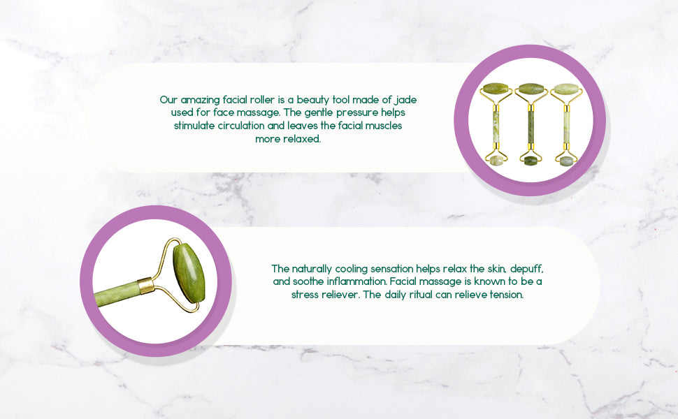 Jade Facial Roller flat lay — rose gold handle with natural jade stone heads