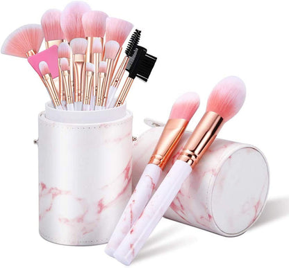 Miraveila 16-Piece Pink Marble Makeup Brush Set with cylindrical brush holder