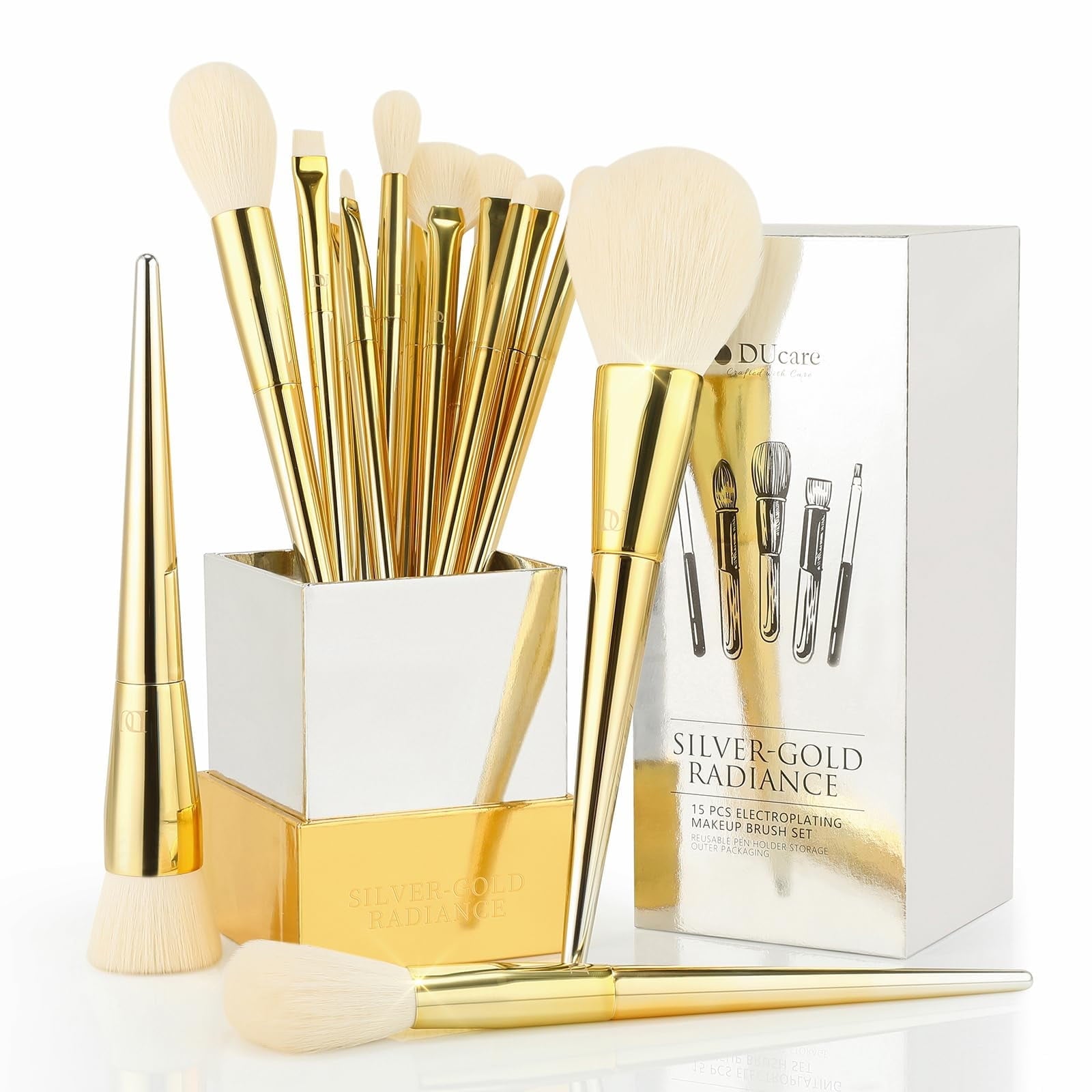 Miraveila 15-Piece Luxe Gold Makeup Brush Set with clear acrylic display box