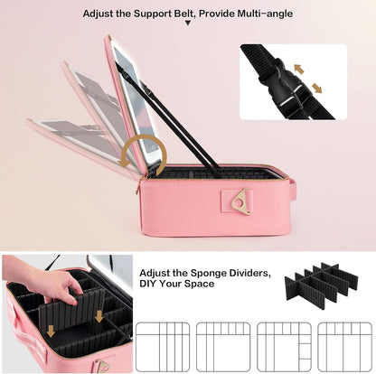 Large Capacity Makeup Bag with LED Mirror - Adjustable Brightness, Travel-Friendly Organizer with Detachable Dividers & Shoulder Strap