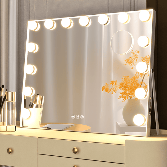 Hollywood mirror fully lit on vanity — bright even lighting for makeup application
