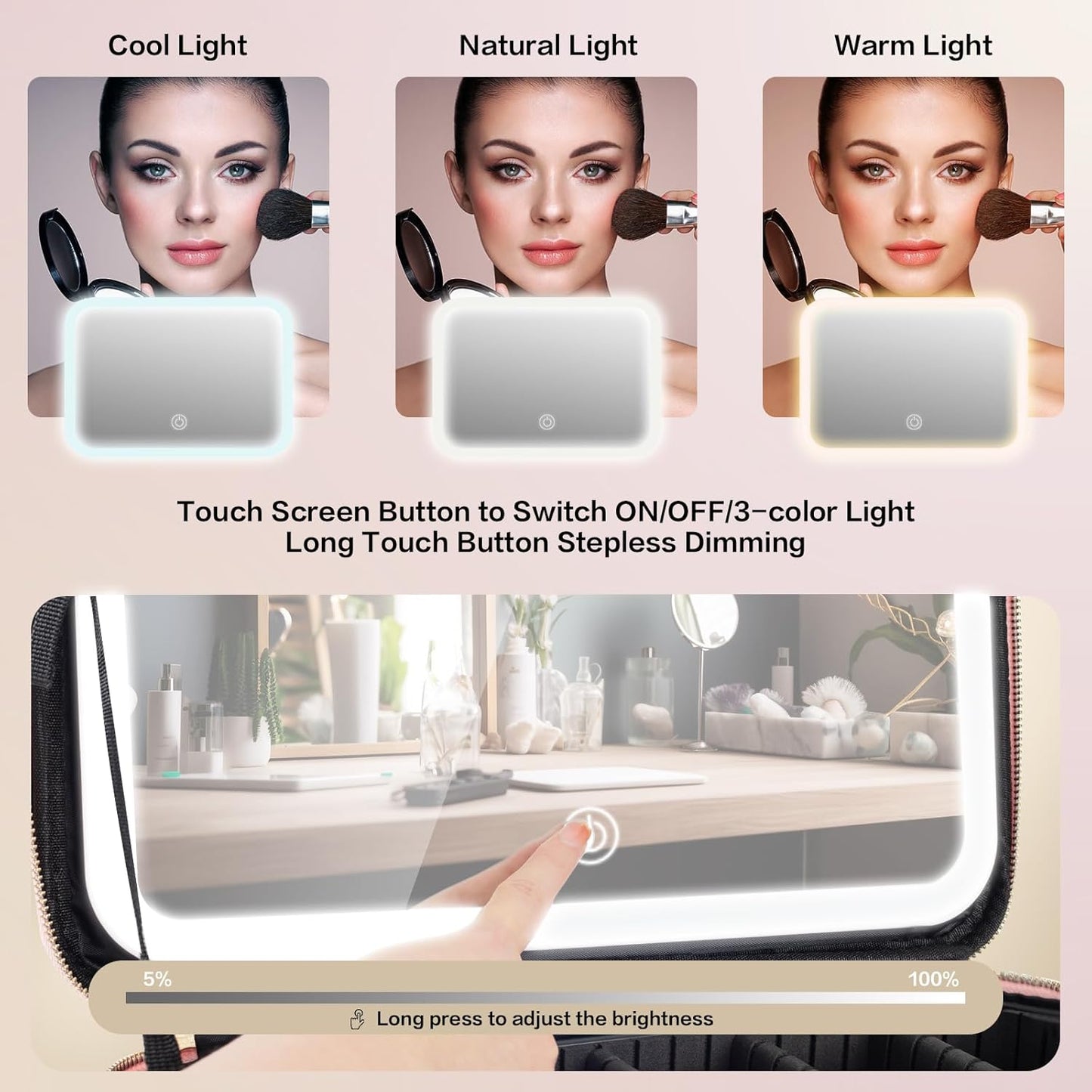 Large Capacity Makeup Bag with LED Mirror - Adjustable Brightness, Travel-Friendly Organizer with Detachable Dividers & Shoulder Strap