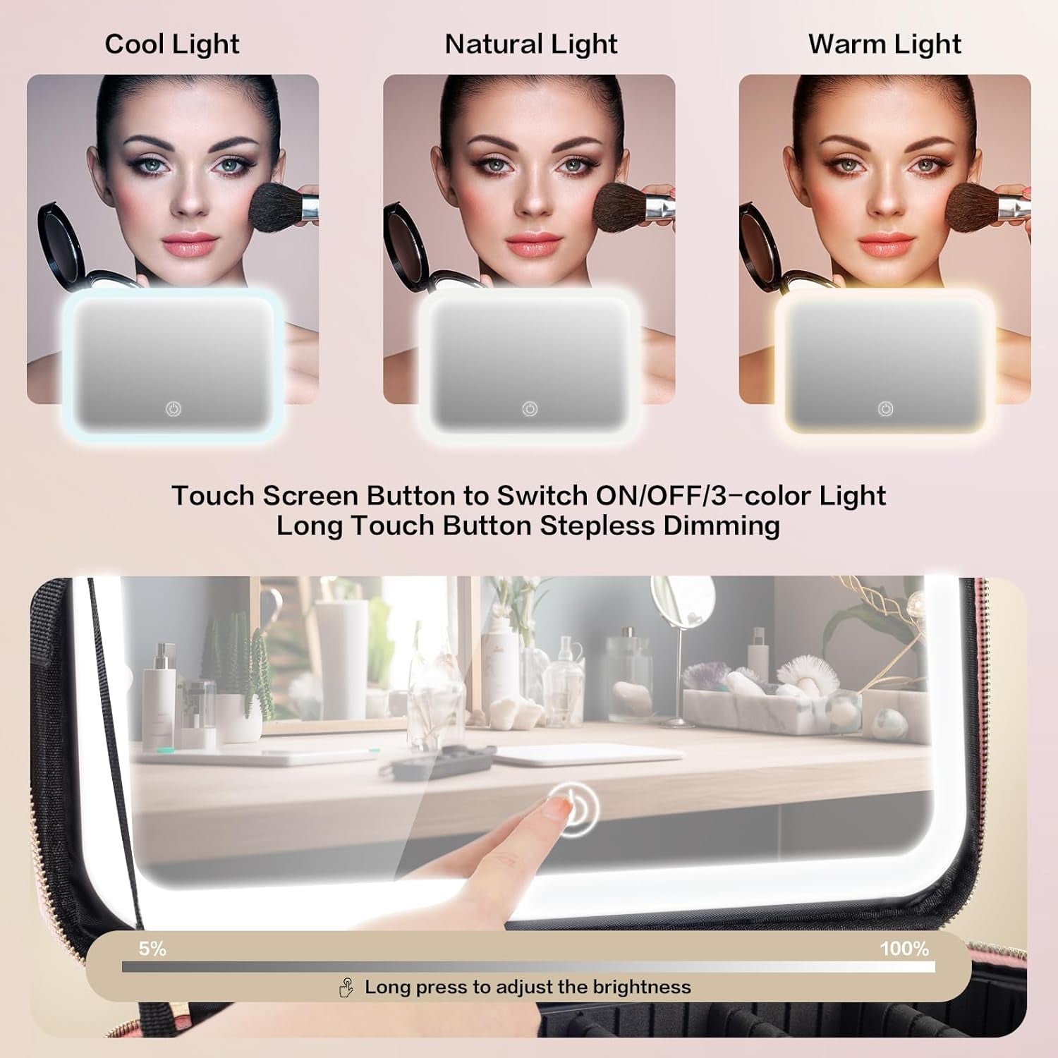 Large Capacity Makeup Bag with LED Mirror - Adjustable Brightness, Travel-Friendly Organizer with Detachable Dividers & Shoulder Strap