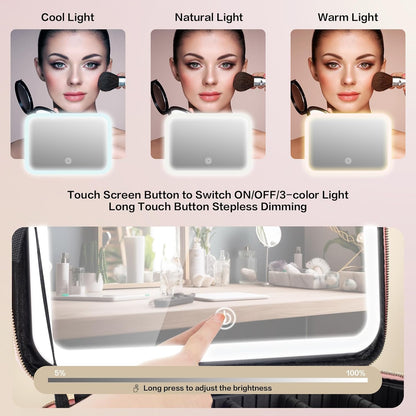 Large Capacity Makeup Bag with LED Mirror - Adjustable Brightness, Travel-Friendly Organizer with Detachable Dividers & Shoulder Strap