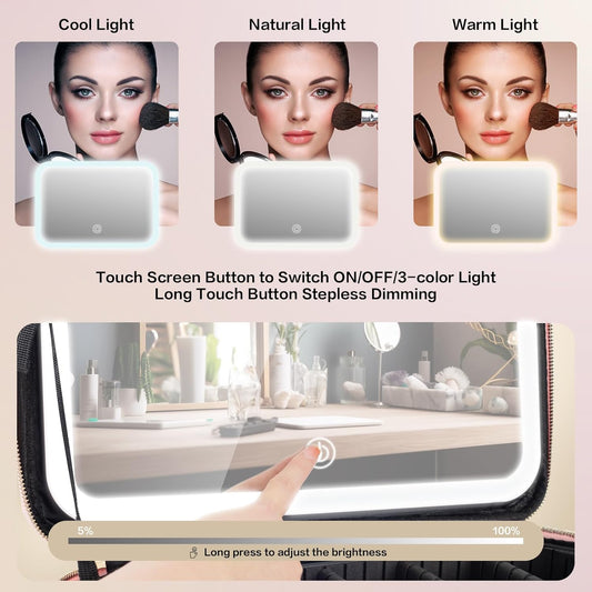 Large Capacity Makeup Bag with LED Mirror - Adjustable Brightness, Travel-Friendly Organizer with Detachable Dividers & Shoulder Strap