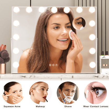 Hollywood Vanity Mirror with Lights, Vanity Makeup Mirror with 15 LED Bulbs, 3 Color Lighting Modes, USB Port, Smart Touch Control