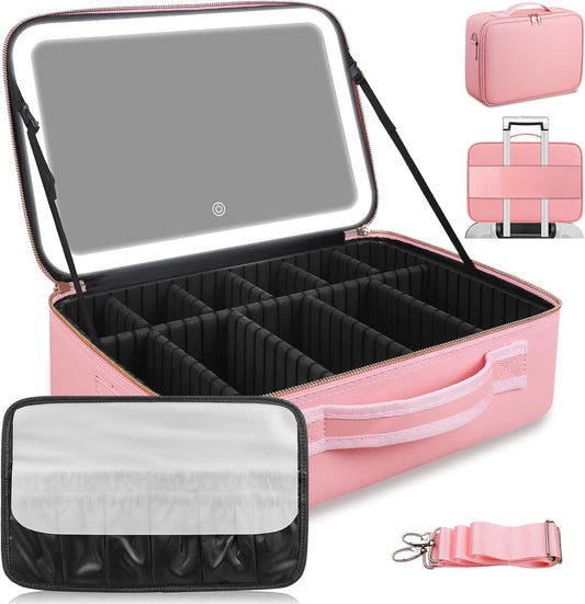 Large Capacity Makeup Bag with LED Mirror - Adjustable Brightness, Travel-Friendly Organizer with Detachable Dividers & Shoulder Strap