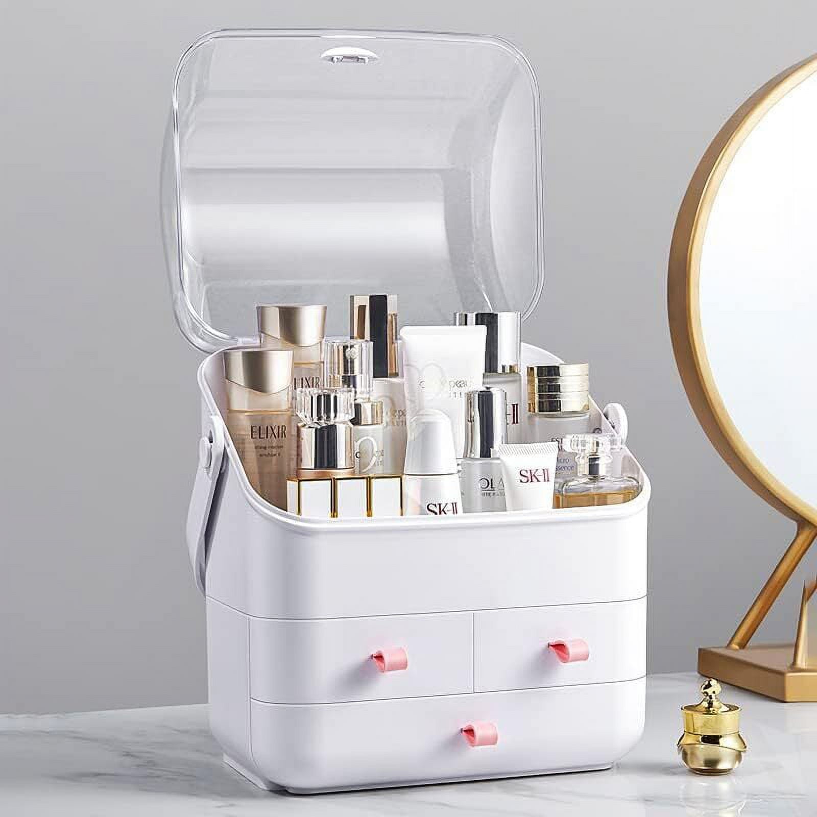 Makeup organizer fully open with products inside — lipsticks and brushes organized