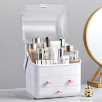 Makeup organizer fully open with products inside — lipsticks and brushes organized
