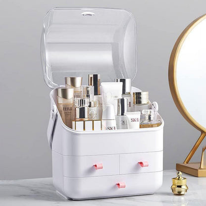 Makeup organizer fully open with products inside — lipsticks and brushes organized
