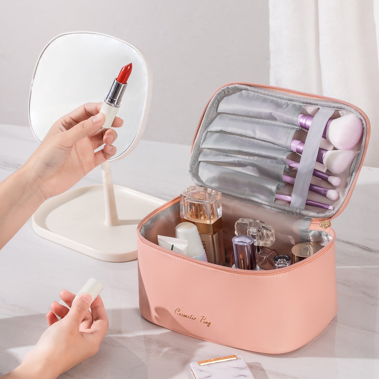 Preppy Makeup Bag Travel Cosmetic Bags Small for Women Girls Zipper Pouch Case Organizer Waterproof Cute (Beige)