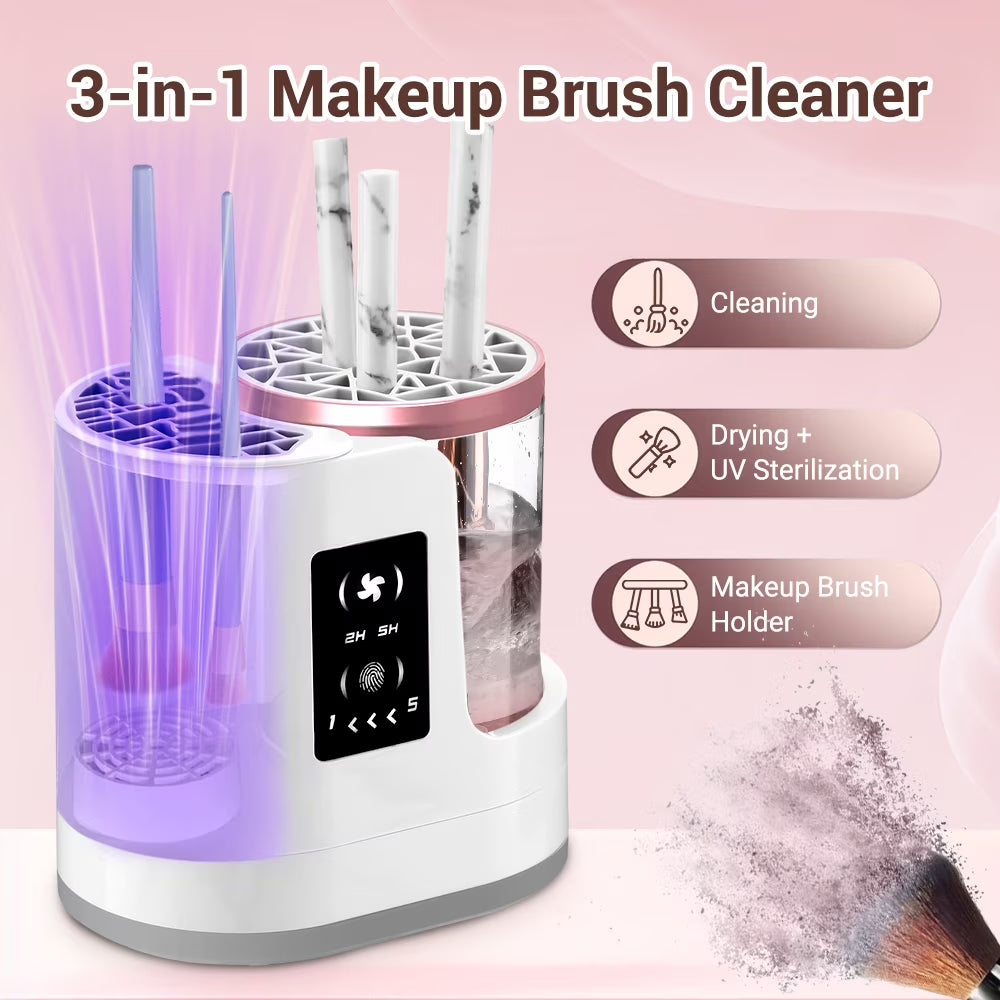 Makeup brush spinning in electric cleaner — removing pigment buildup in seconds