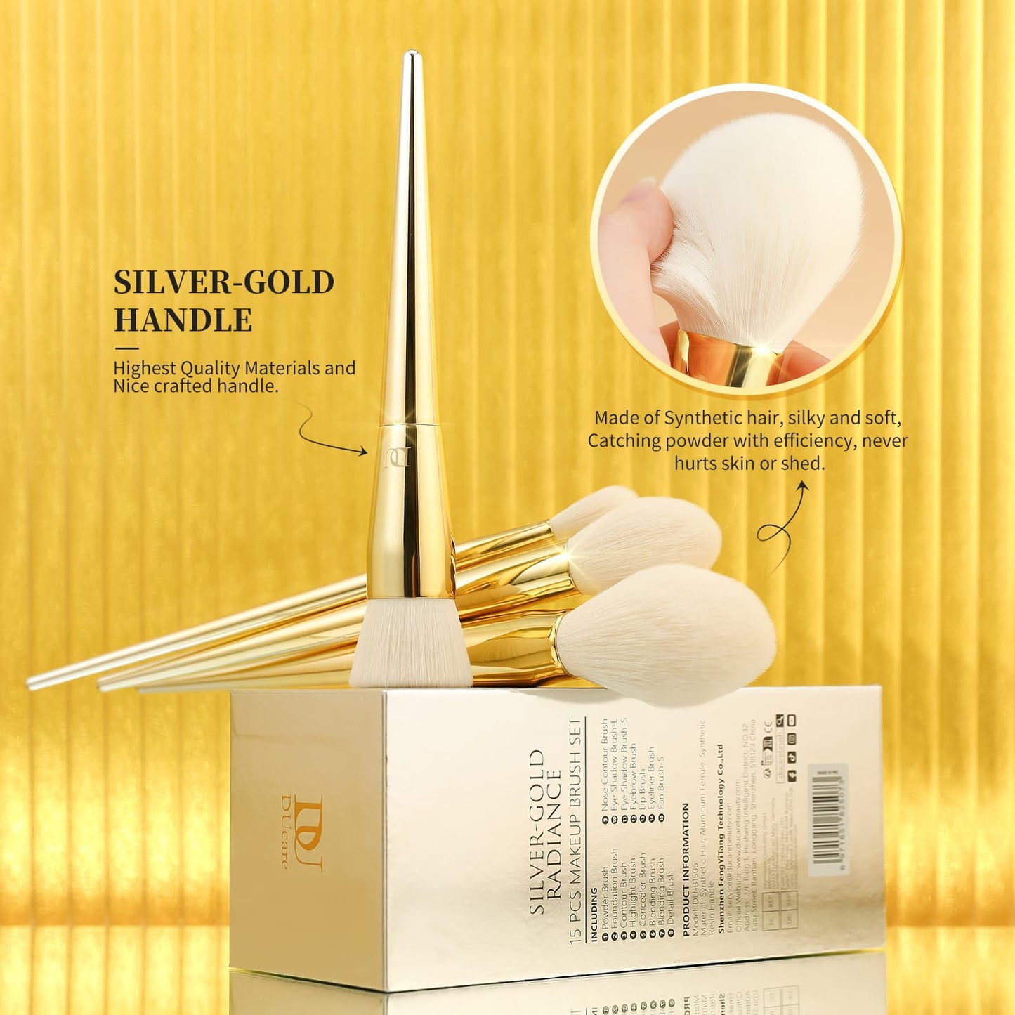 Makeup Brushes 15 Pcs,  Powder Foundation Contour Blush Concealer Eye Shadow Blending Liner Make up Brush Kit Gold-Silver
