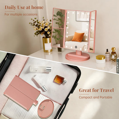 Tri-Fold Makeup Mirror with Lights, 2X/3X Magnifying Makeup Mirror, Touch Control Vanity Mirror, Usb/Battery Powered Table Mirrors