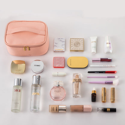 Cosmetic bag packed with makeup and brushes — fully loaded travel beauty organizer
