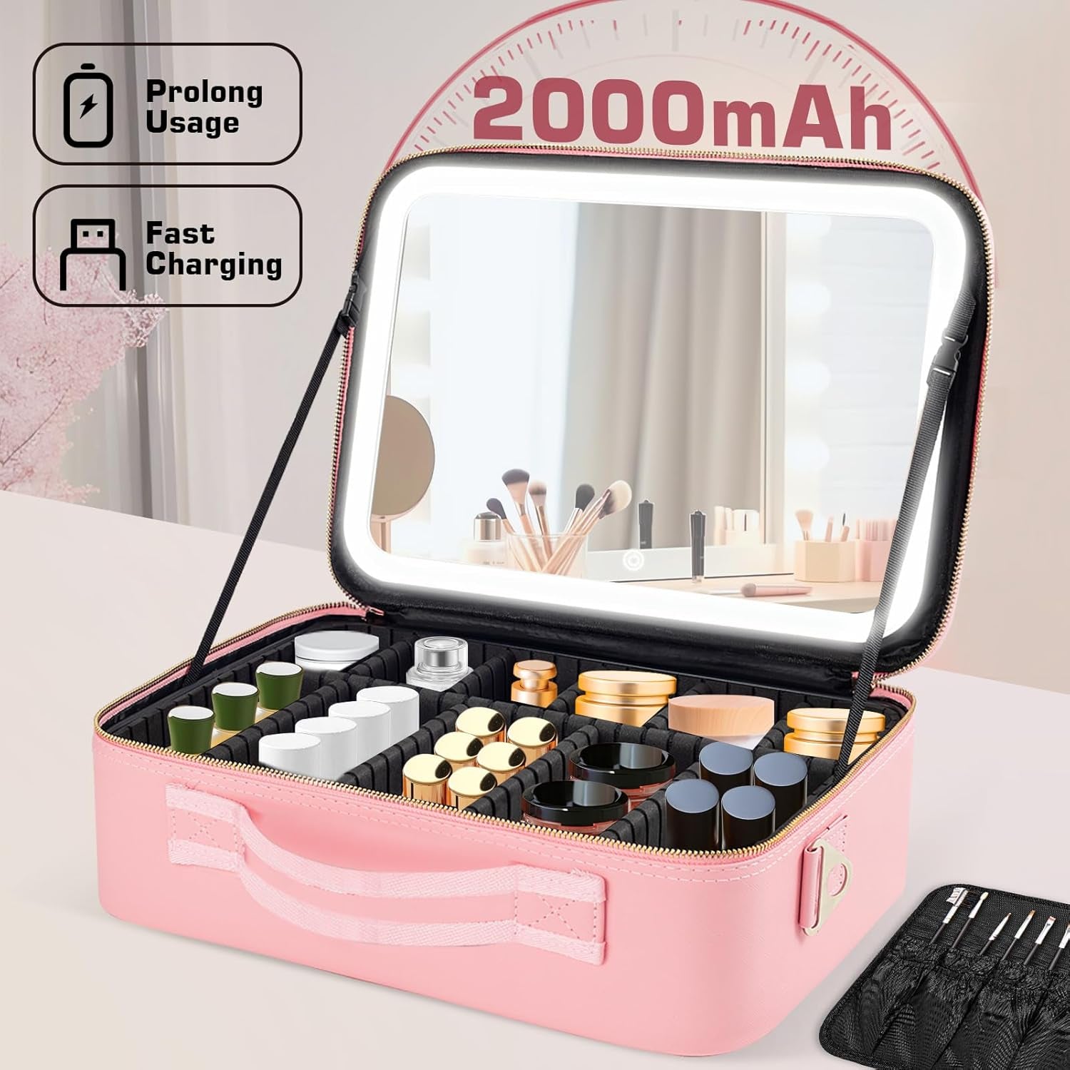 Large Capacity Makeup Bag with LED Mirror - Adjustable Brightness, Travel-Friendly Organizer with Detachable Dividers & Shoulder Strap