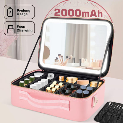 Large Capacity Makeup Bag with LED Mirror - Adjustable Brightness, Travel-Friendly Organizer with Detachable Dividers & Shoulder Strap