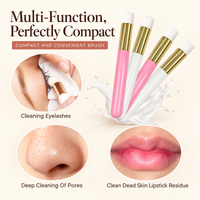 Four compact cosmetic brushes with pink and white handles and gold ferrules shown on a cream background, with marketing text and four circular inset photos demonstrating use for eyelashes, deep pore cleaning, and removing lipstick residue.