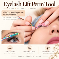 Eyelash Lift Perm Tool promotional graphic showing a close-up of a person's eye while tweezers apply a false eyelash. The image includes the text 'Eyelash Lift Perm Tool' and feature callouts for curl, separate, and define, plus a small inset of the rainbow-colored tool on an eye.