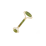 A jade roller facial massage tool with green stone wheels and a gold-tone handle, centered inside a thin red circular frame on a warm cream background with soft leaf shadows.