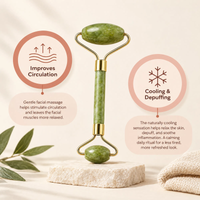 A jade roller facial massage tool with a green stone handle and gold metal arms, displayed on a textured stone block with decorative leaves and a folded towel. Two circular callouts with text describe benefits: 'Improves Circulation' and 'Cooling & Depuffing'.