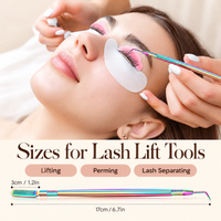 A woman receives an eyelash lift while a hand uses a rainbow-colored eyelash tool. The image includes a size diagram at the bottom labeled 'Sizes for Lash Lift Tools' with measurements for lifting, perming, and lash separating tools.