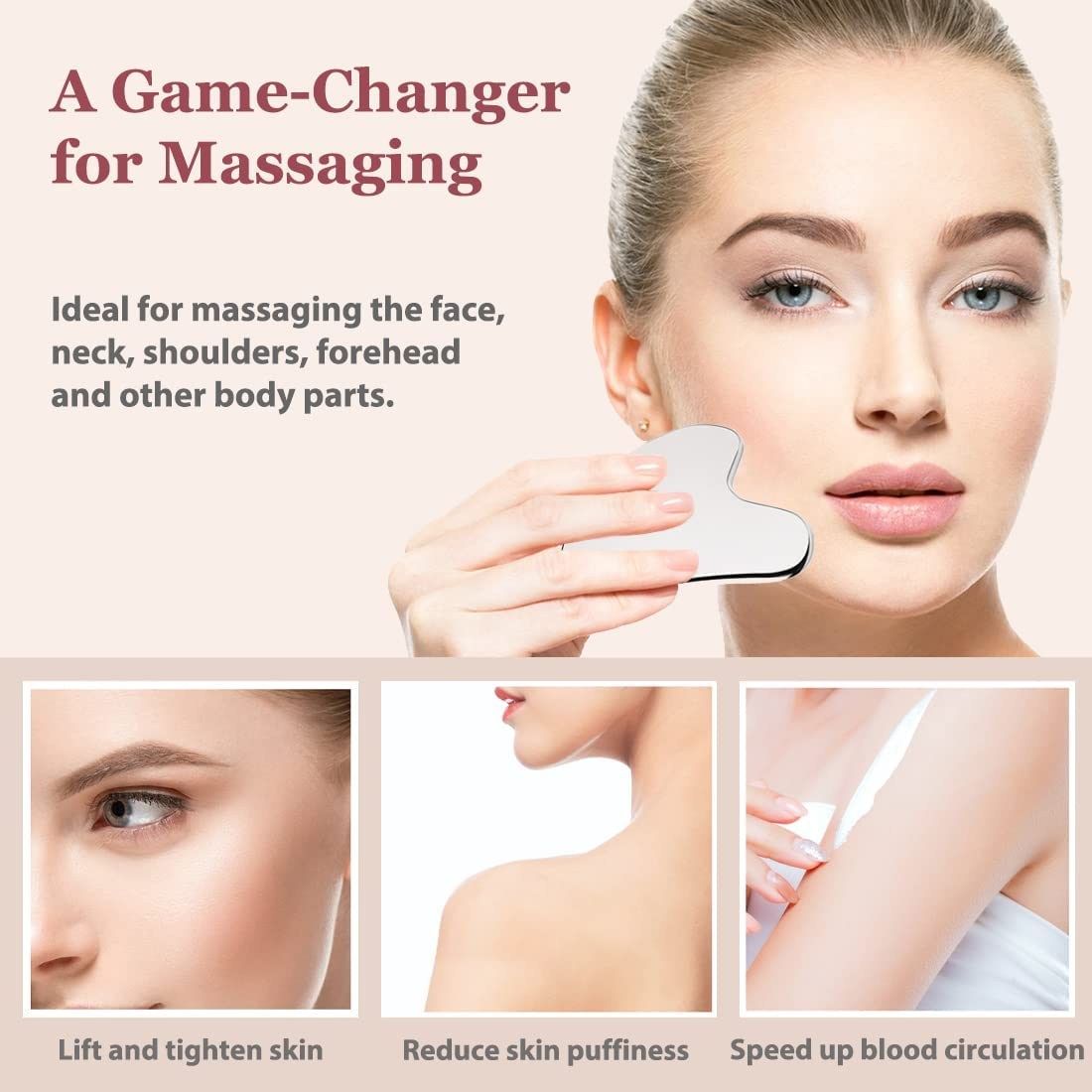 Gua sha tool beveled edge close-up — smooth stainless steel for precision sculpting