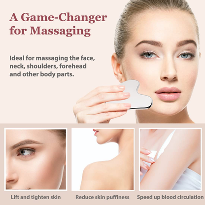 Gua sha tool beveled edge close-up — smooth stainless steel for precision sculpting
